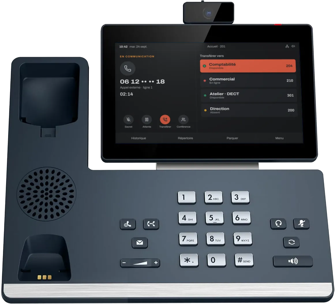 Poste téléphonique IP en communication, prêt à transférer l’appel vers la comptabilité ; son combiné est décroché